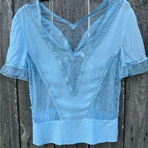 La Perla Light Blue Lace Blouse Camisole Lace Semi-sheer Sz Medium *579